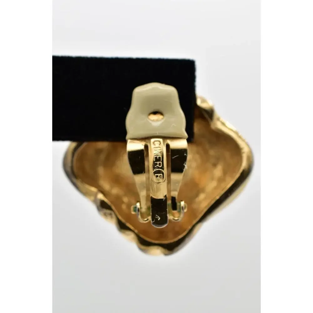 Ciner Vintage Cabochon Clip On Earrings Black Gold Heavy Chunky Signed 70s BinBB